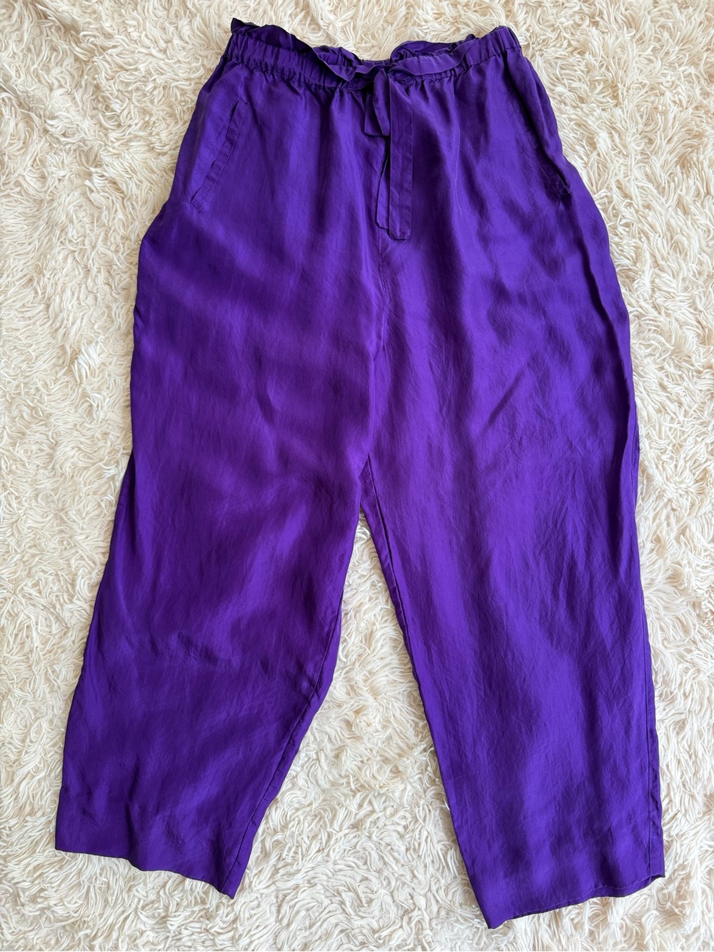 100% Silk Purple Paperbag Waist Pants Size M Wide Leg Tie Waist Vintage